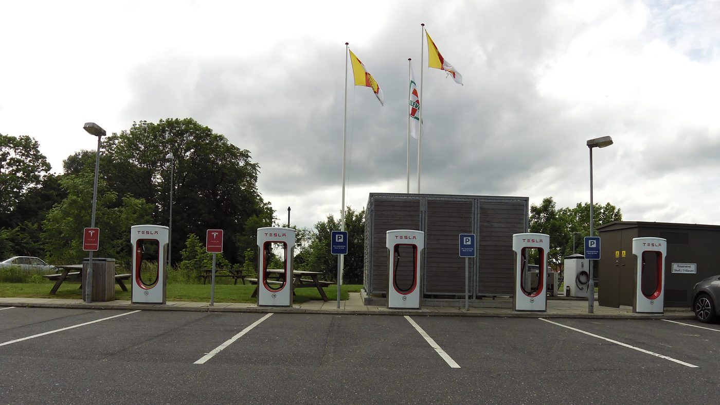 Tesla Superchargers at Rødekro on the E45 spine through southern Jutland