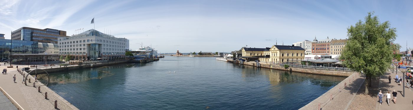 Helsingborg harbour on the Swedish side — modern waterfront with the ferry terminal in the foreground