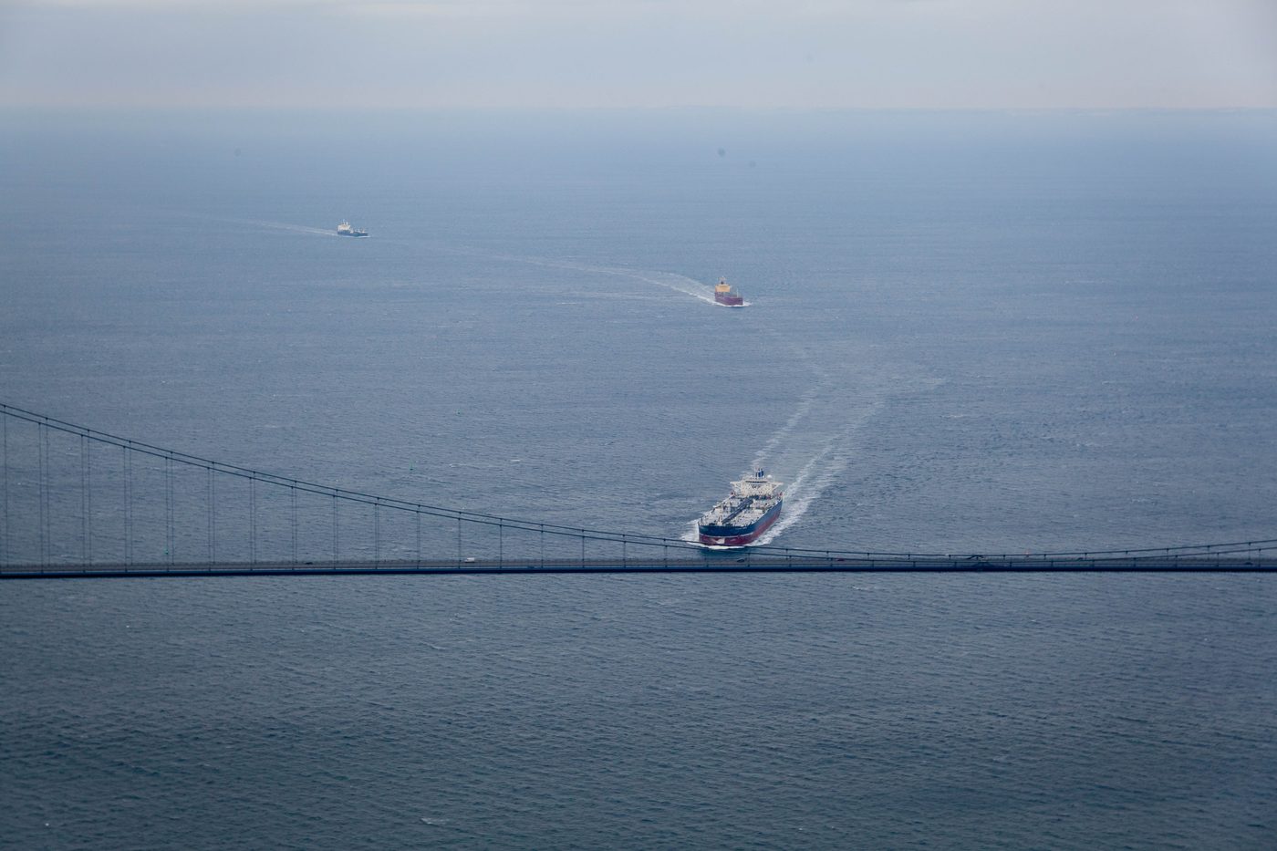 Storebælt Bridge seen from above — the cable-stayed high bridge over the Great Belt between Funen and Zealand