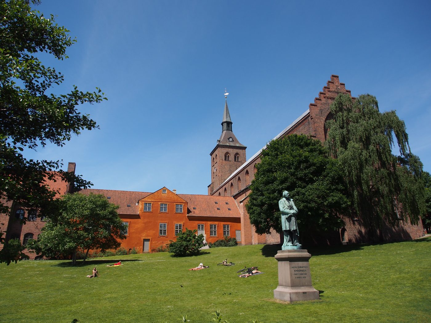 Hans Christian Andersen statue in Odense — bronze figure in the old town quarter