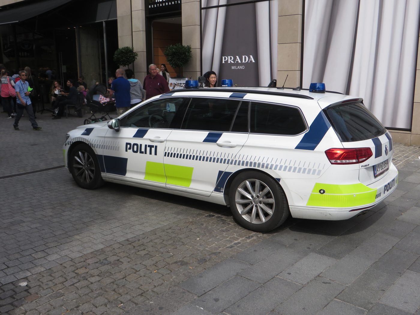 Danish Politi patrol car on a Copenhagen street — the cars you might meet if stopped for documents