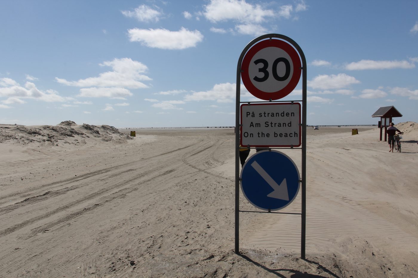 Danish speed-limit sign on a coastal road — clean white circle, red border, the number that the camera uses