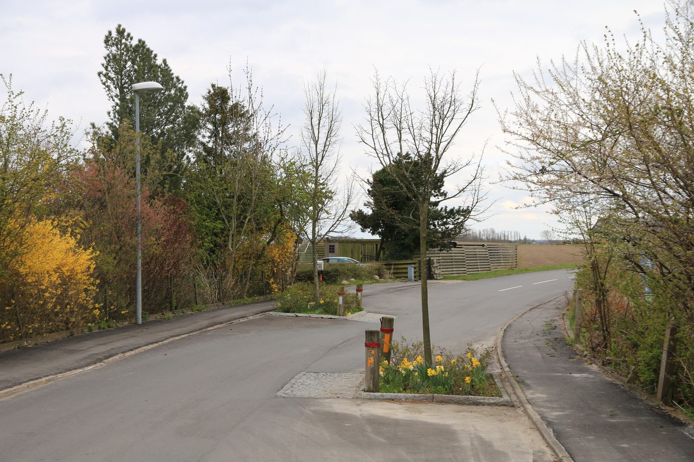 Danish rural road with traffic-calming flowerbed dampeners in Torup — the kind of quiet 50 km/h stretch where the school-zone trap waits