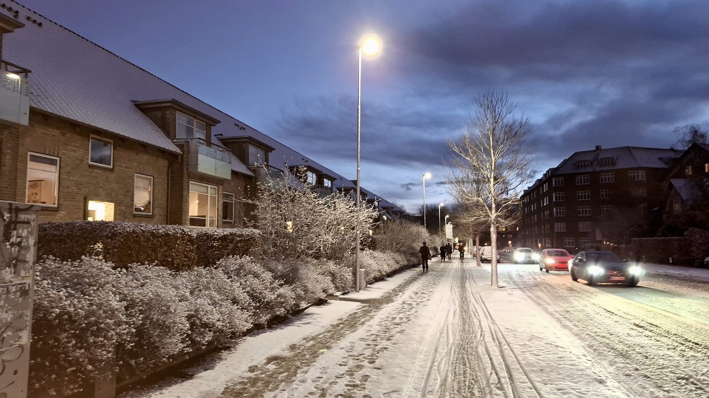 A Danish city street in fresh January snow — Kaserneboulevarden in Aarhus on a quiet winter morning